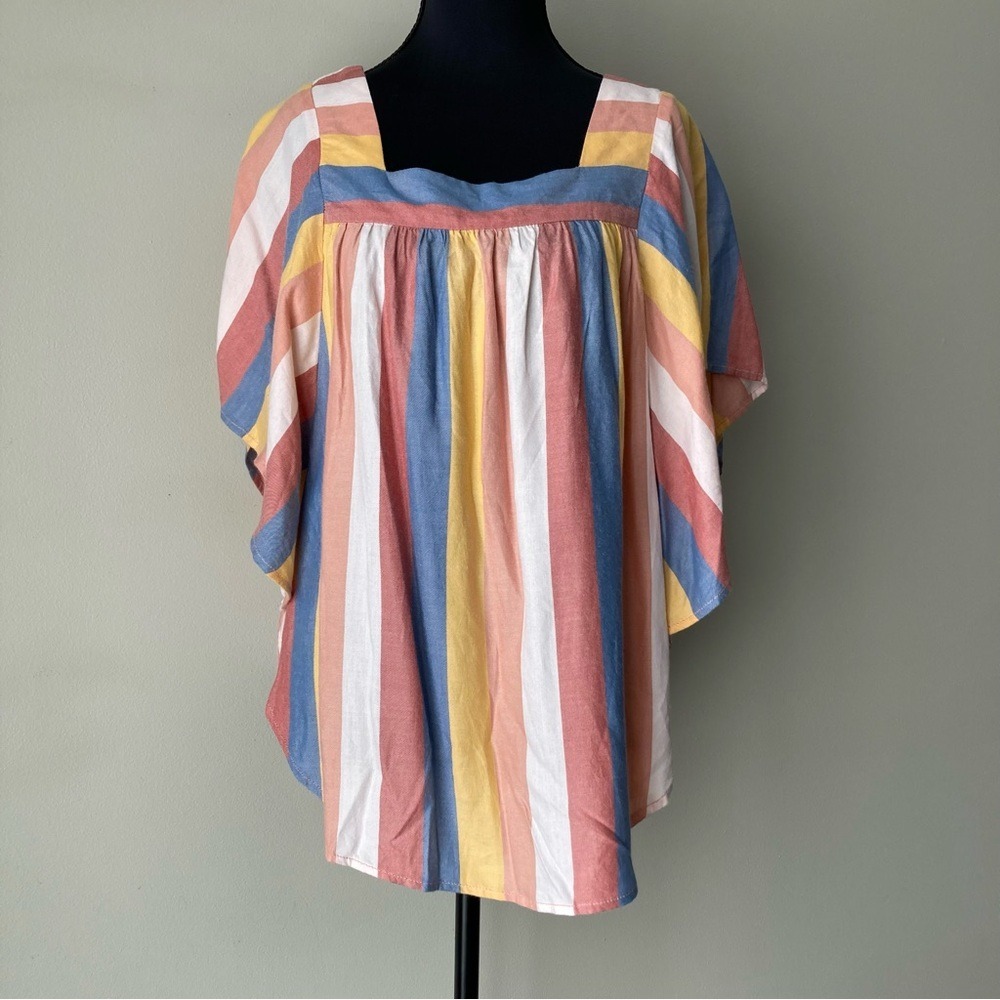 Beachlunchlounge Multi Color Striped Square Neck Flutter Sleeve Top Small